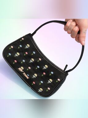 Betsey Johnson Black Mini Shoulder Bag with Pastel Floral Embroidery